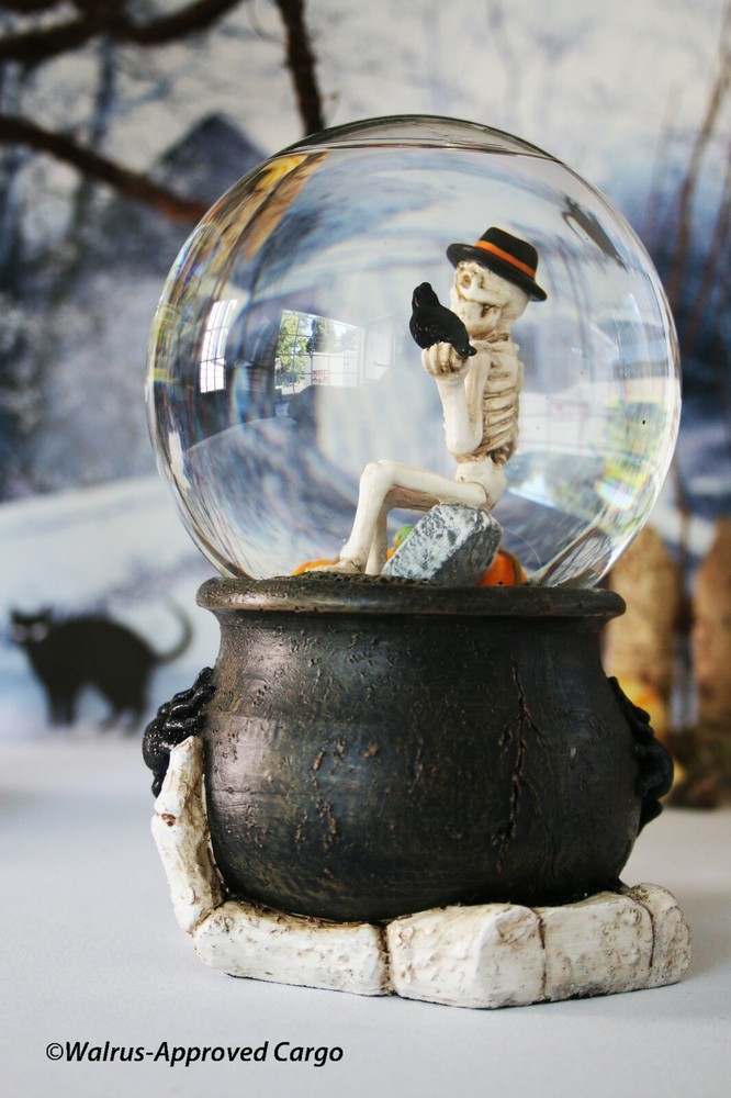 SKELETON, CROW & CAULDRON SNOWGLOBE – SHAKE UP THAT BLAH HALLOWEEN DÉCOR!