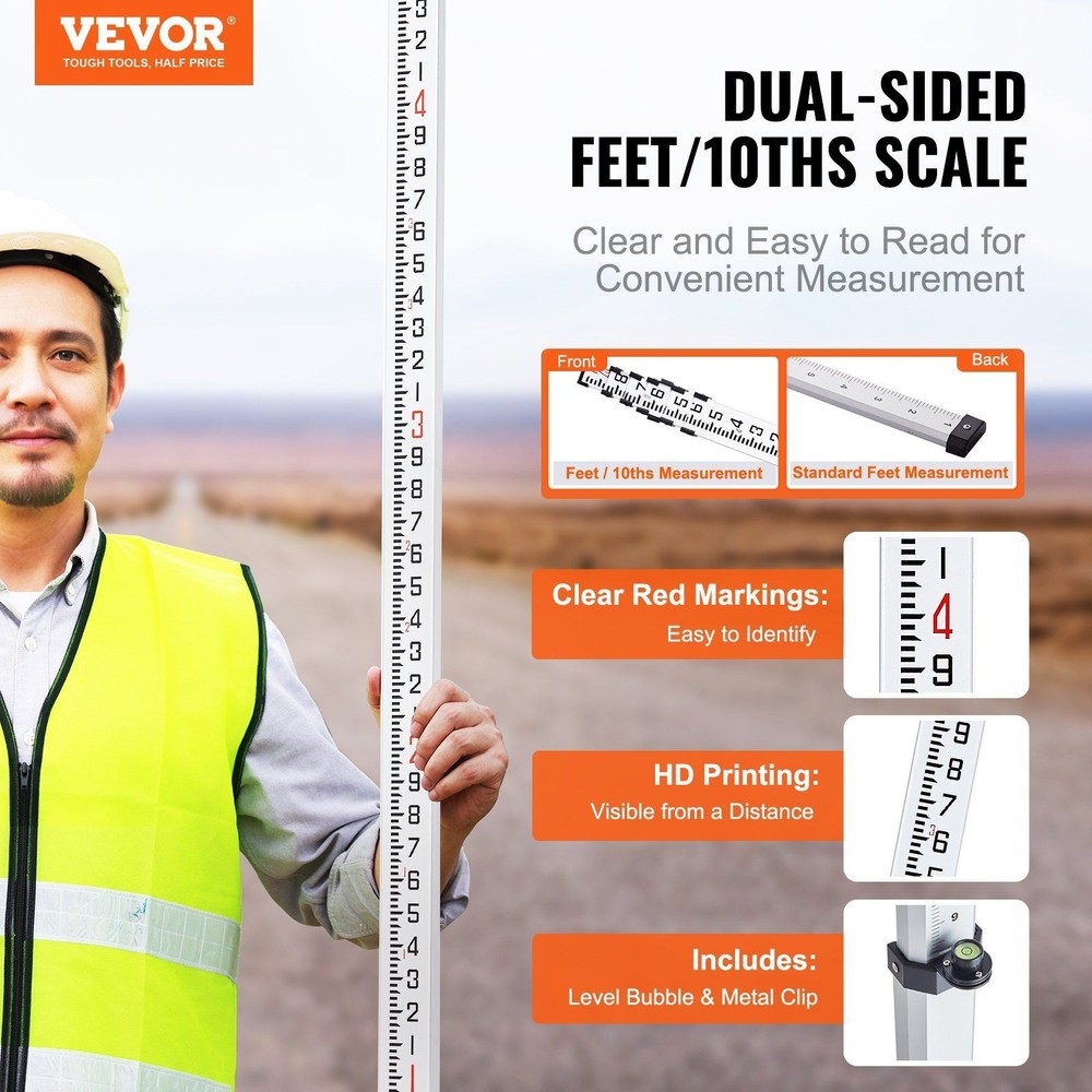 Aluminum 25ft 6-Section Extendable Leveling Rod w/ Dual Scale & Bubble Level