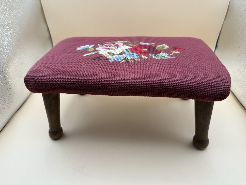 Antique Victorian Needlepoint Wooden Footstool Rectangular Floral