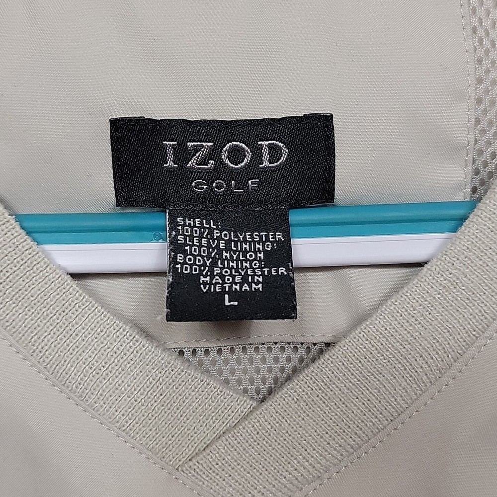 IZOD Golf Windbreaker Mens Large Pull Over Lined Pockets Beige Performance