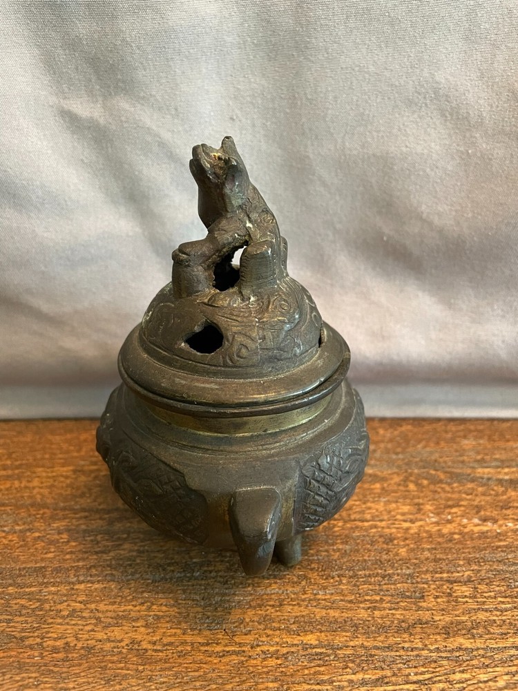 Foo Dog Incense Pot Brass with Elephant Handles