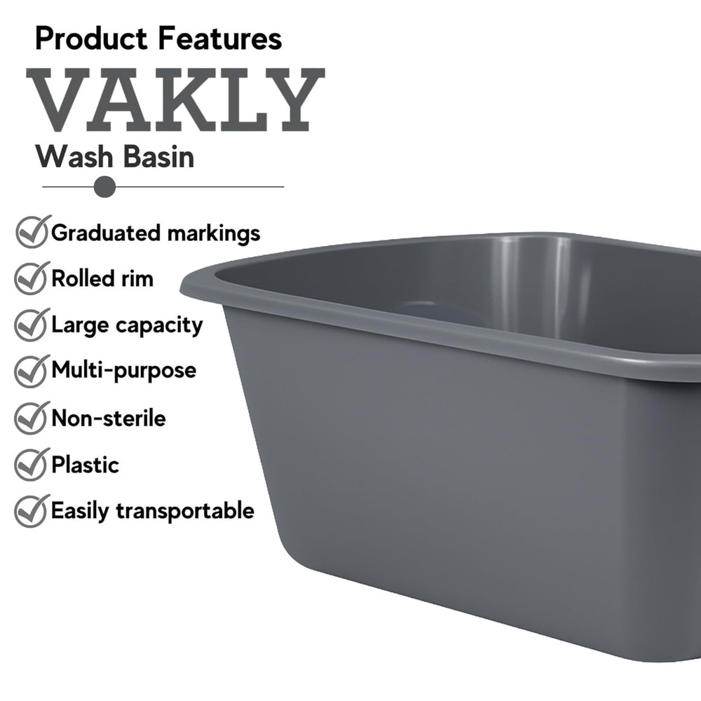 Vakly Wash Basins [2 Pack] – Rectangular Plastic 7-Quart Graduated Hospita