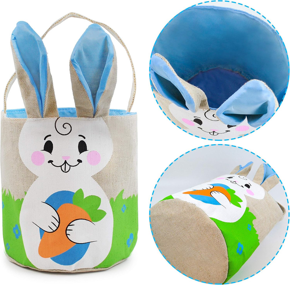2 PCS Easter Bunny Burlap Basket Set Easter Eggs Hunt Basket Canvas Gift Tote Ba