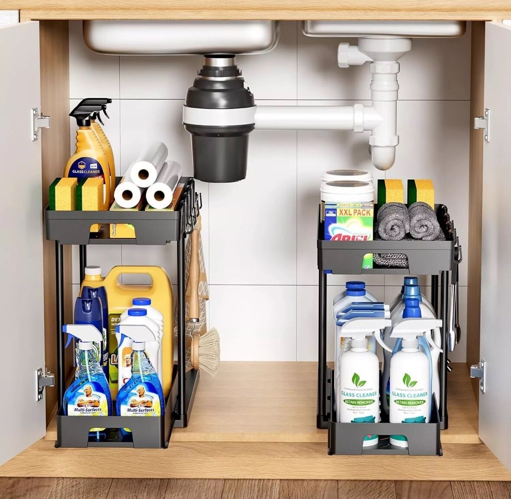Delamu Under Sink Organizers and Storage, 2 Pack Pull Out Kitchen Black