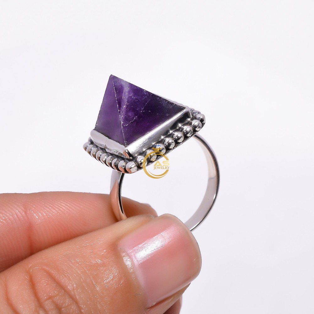Pyramid Amethyst Gemstone 925 Solid Sterling Silver Handmade Ring All Size