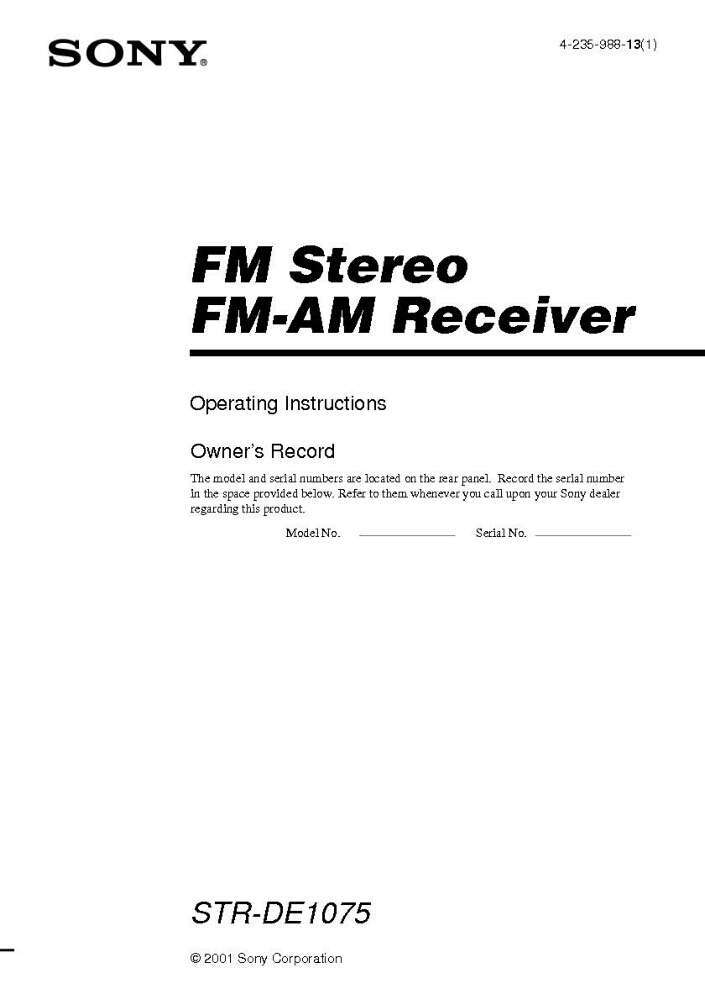 Sony STR-DE1075 AV Receiver Owners Manual