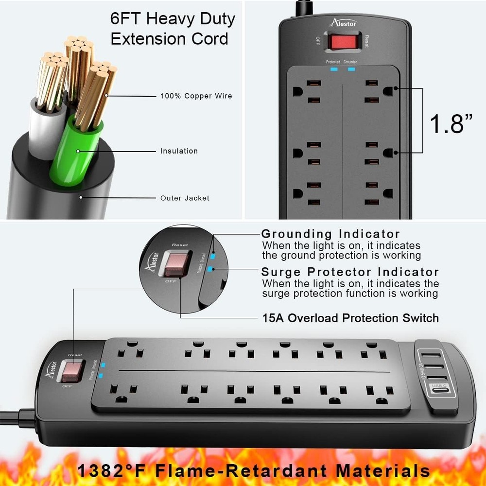 Surge Protector Power Strip 2700 Joules