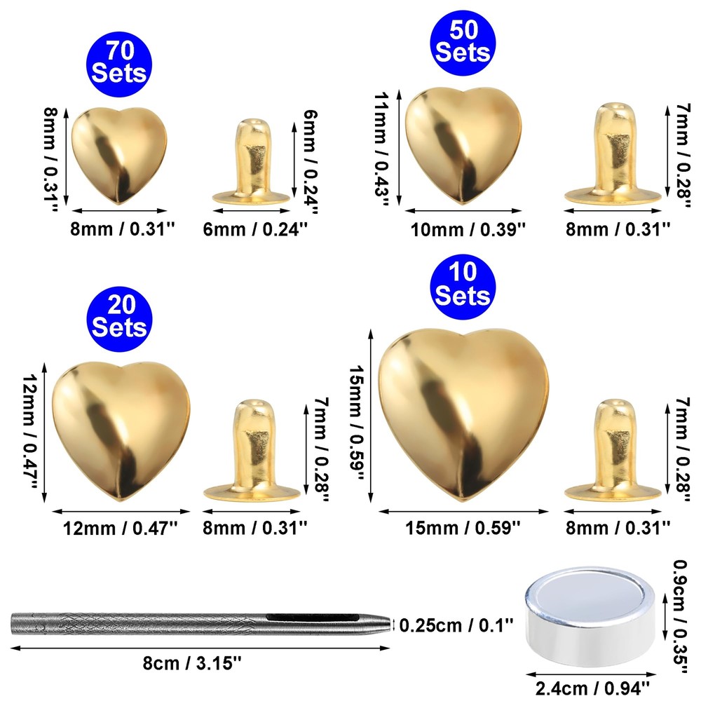 150 Sets Leather Rivets Kit Mixed Sizes Rivets for Leather Heart Studs for Cl...