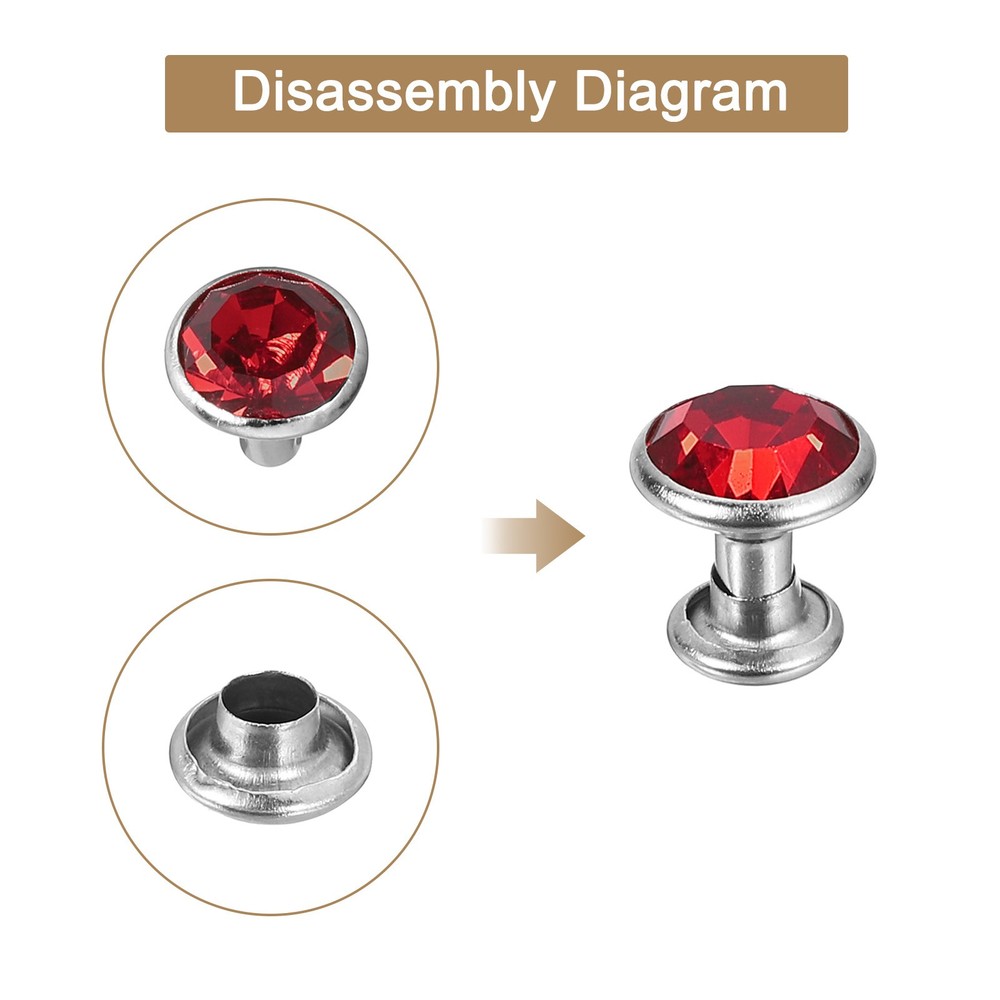 60 Sets Rhinestone Rivets, 8mm Crystal Rivets Leather Rivets, Red