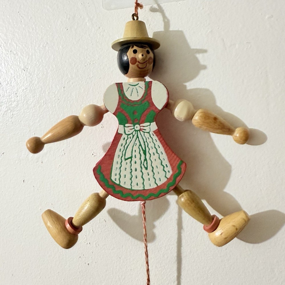 Vintage Austria Wooden Pull String Puppet Christmas Ornament Movement