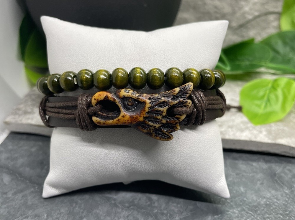 2 PC Leather Bracelet Wood Bead Stackable Adjustable Tie Free Ship B2899