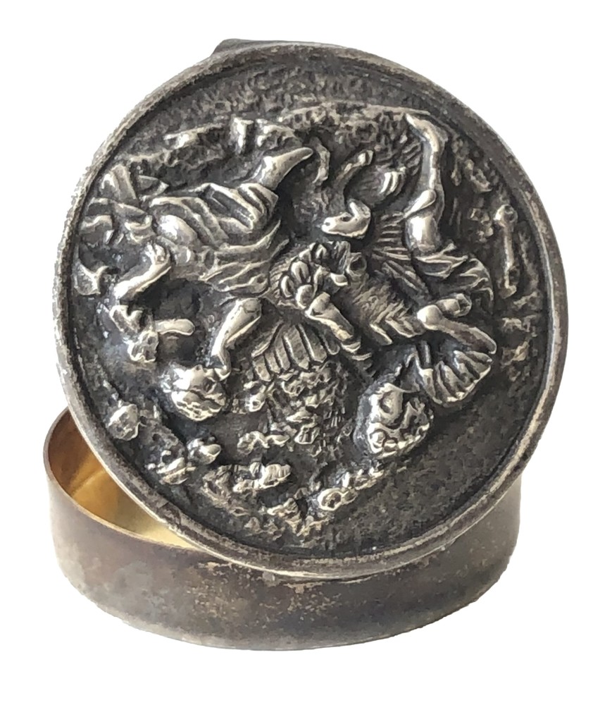 Antique Spanish Silver Pill Box With Romantic Sculptured Lid