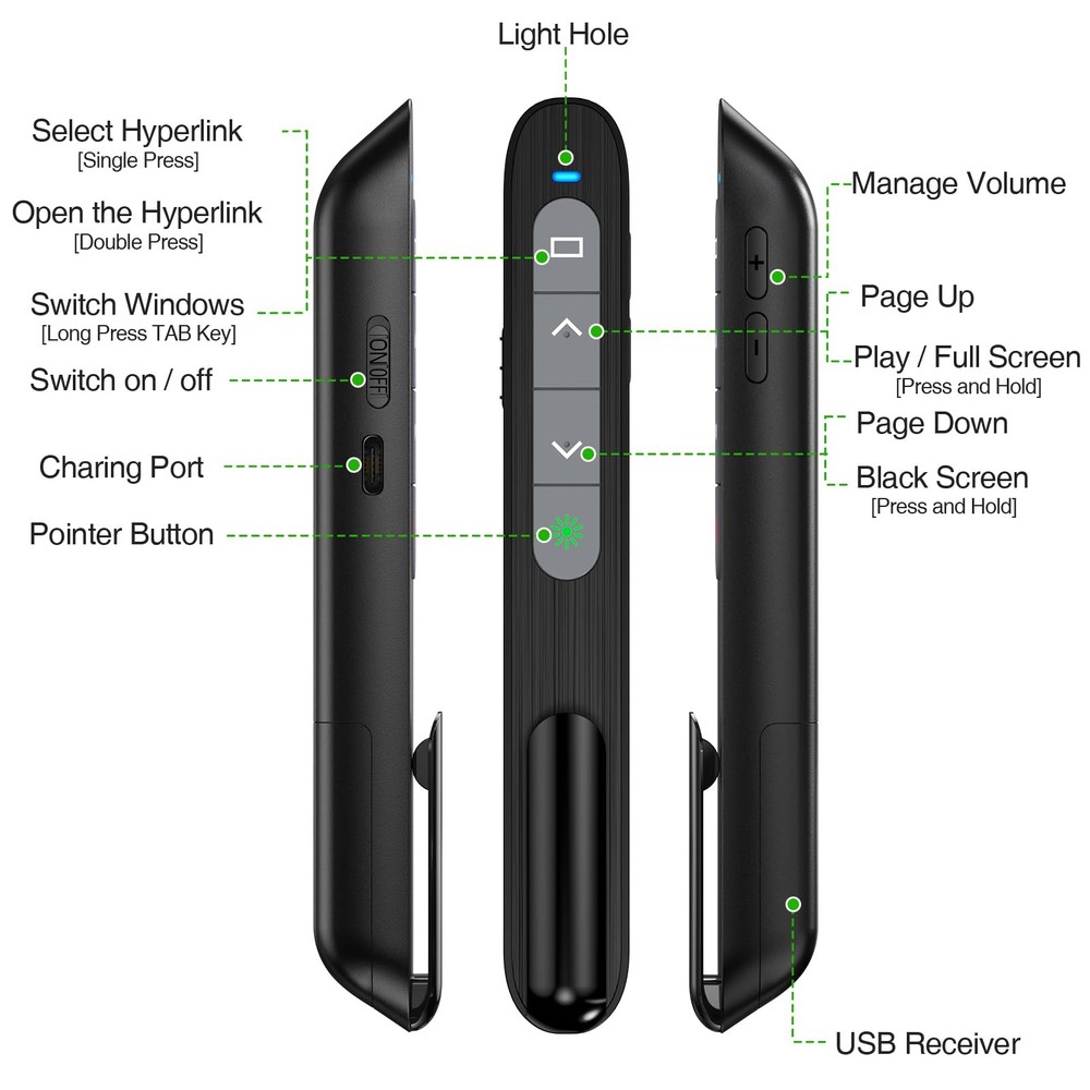 USB C Wireless Presentation Clicker with Green Light & Volume Control