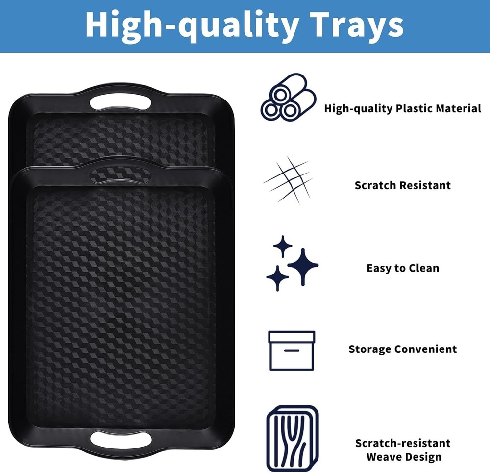 Plastic Tray with Handles, 2 Pack Multi-Purpose Rectangular Large, Black-a