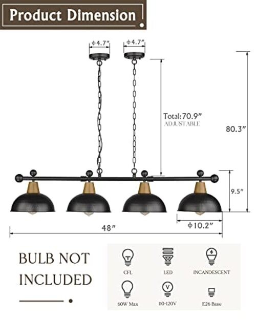 4-Light Pool Table Lights for 7ft/8ft Table, 48" Modern Billiard Llight Black