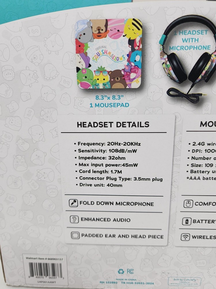 Squishmallow Headsets with Microphone, Wireless Mouse & Mousepad Set New