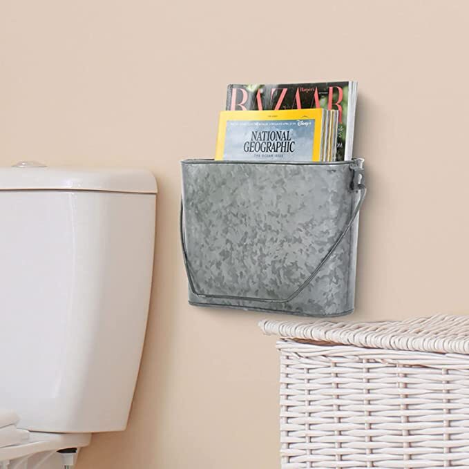 Rustic Tin Hanging Storage Bin, Galvanized Metal Bathroom Magazine Holder