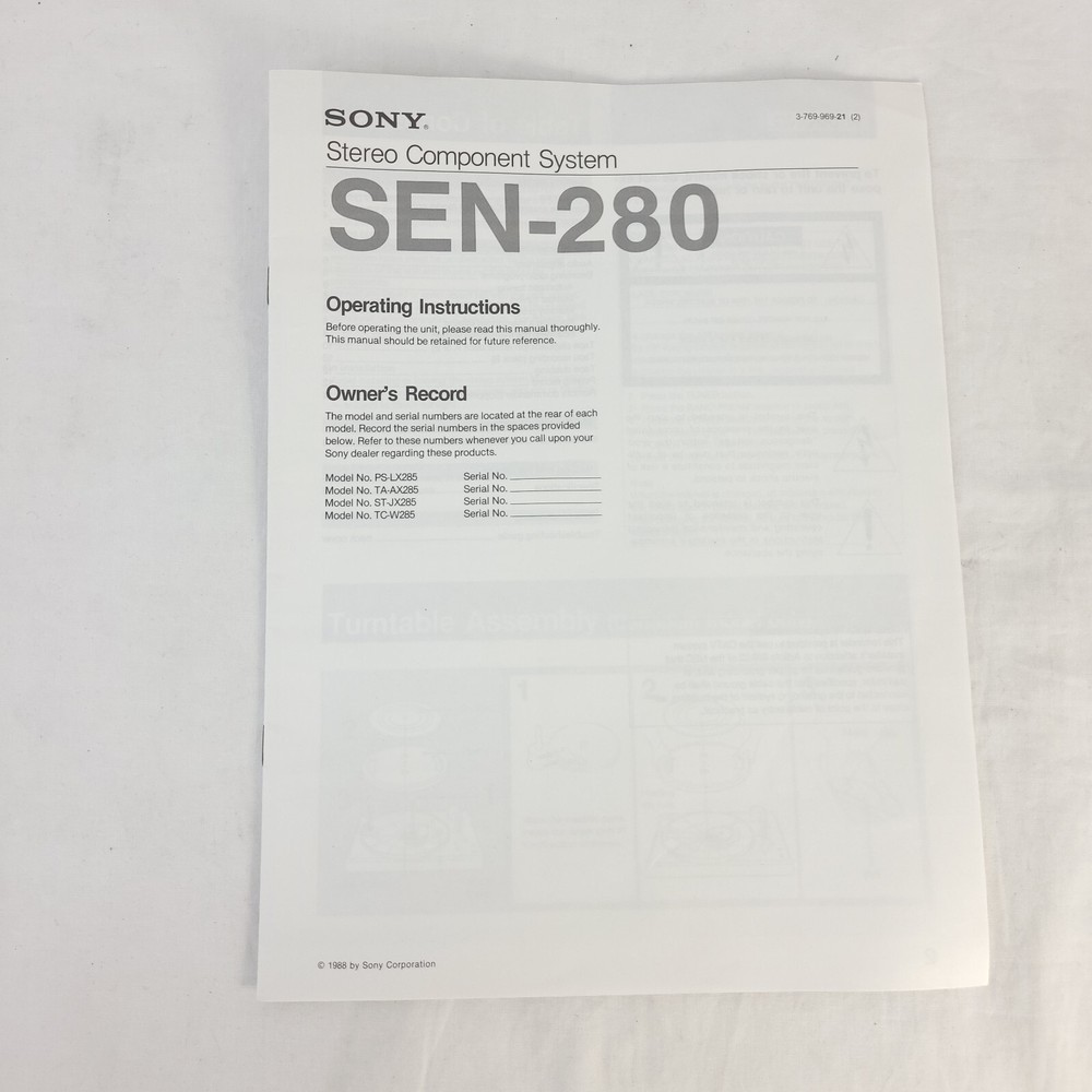 1988 Sony SEN-280 Stereo Component System Original Owner’s Instructions Manual