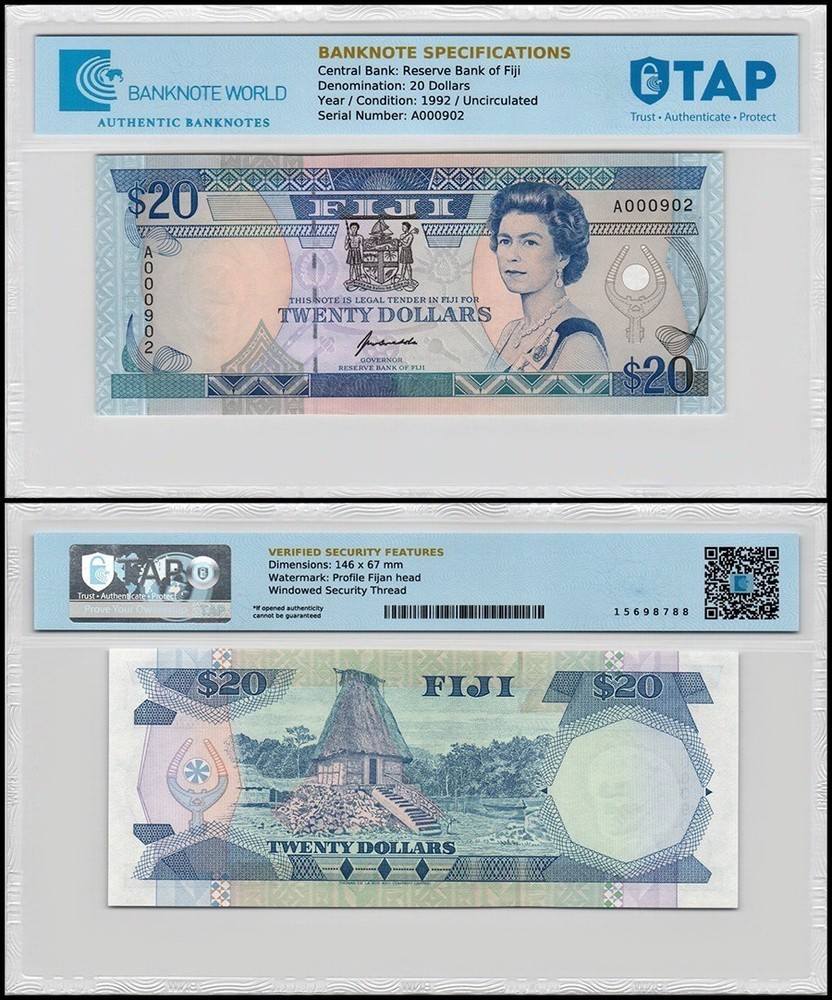 Fiji 20 Dollars, 1992 ND, P-95a, UNC, TAP Authenticated