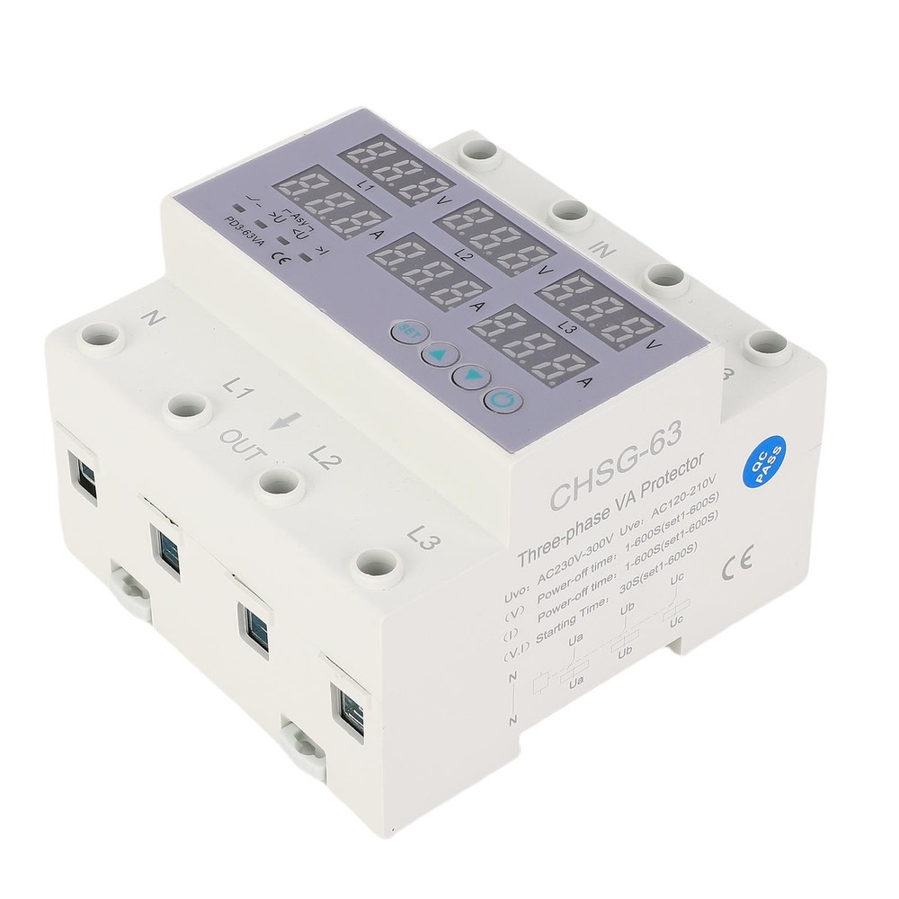 63A 3 Phase DIN Rail Voltmeter Ammeter Auto Overvoltage Overcurrent Protector AC