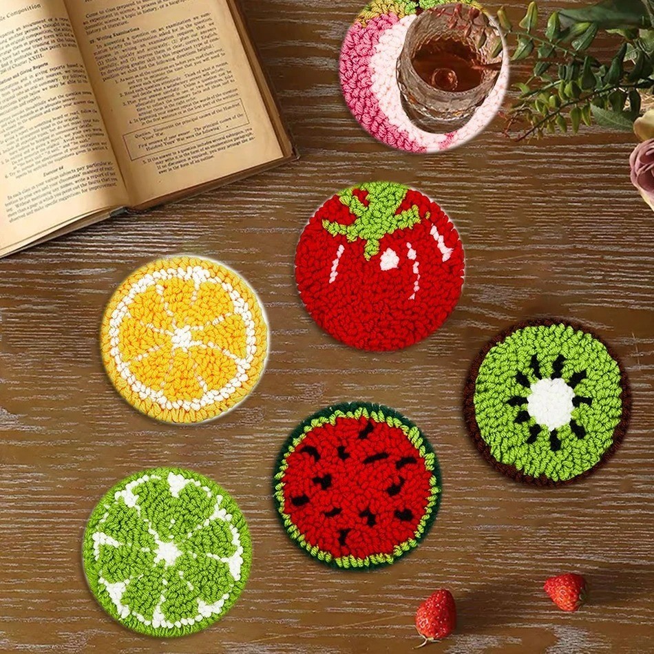 6pcs DIY Punch Needle Kit with Fruit Coaster Patterns – Embroidery Starter Set