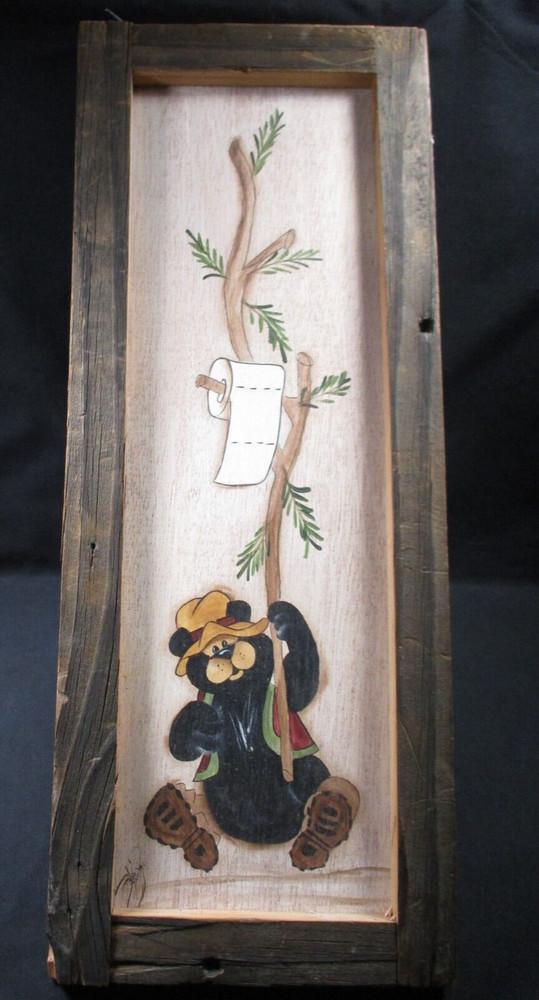 Framed Rustic Painted Crafter Art - Bathroom Bear Outside - Funny/Humorous