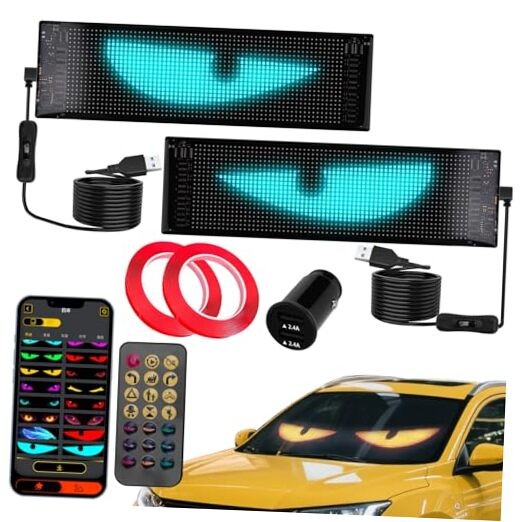 2-Pack Devil Eyes LED Display for Car Windshield, 14"×4.3" Programmable LED
