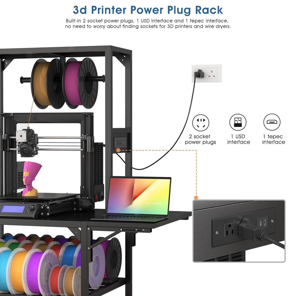 Metal Frame Printer Stand with Organized Spool Storage, Auxiliary Panel &