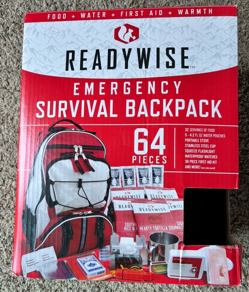 ReadyWise Red White Emergency Survival Backpack (64 piece) open box