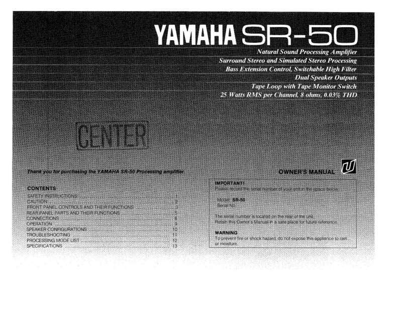 Yamaha SR-50 Amplifier Owners Manual