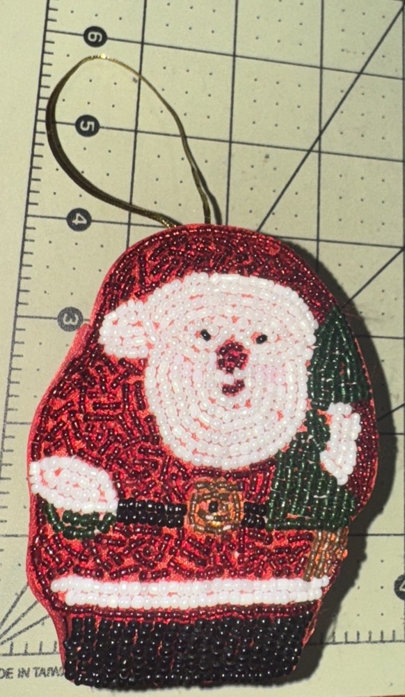 Vintage See’s Candy Santa Beaded Satin Box Ornament Empty