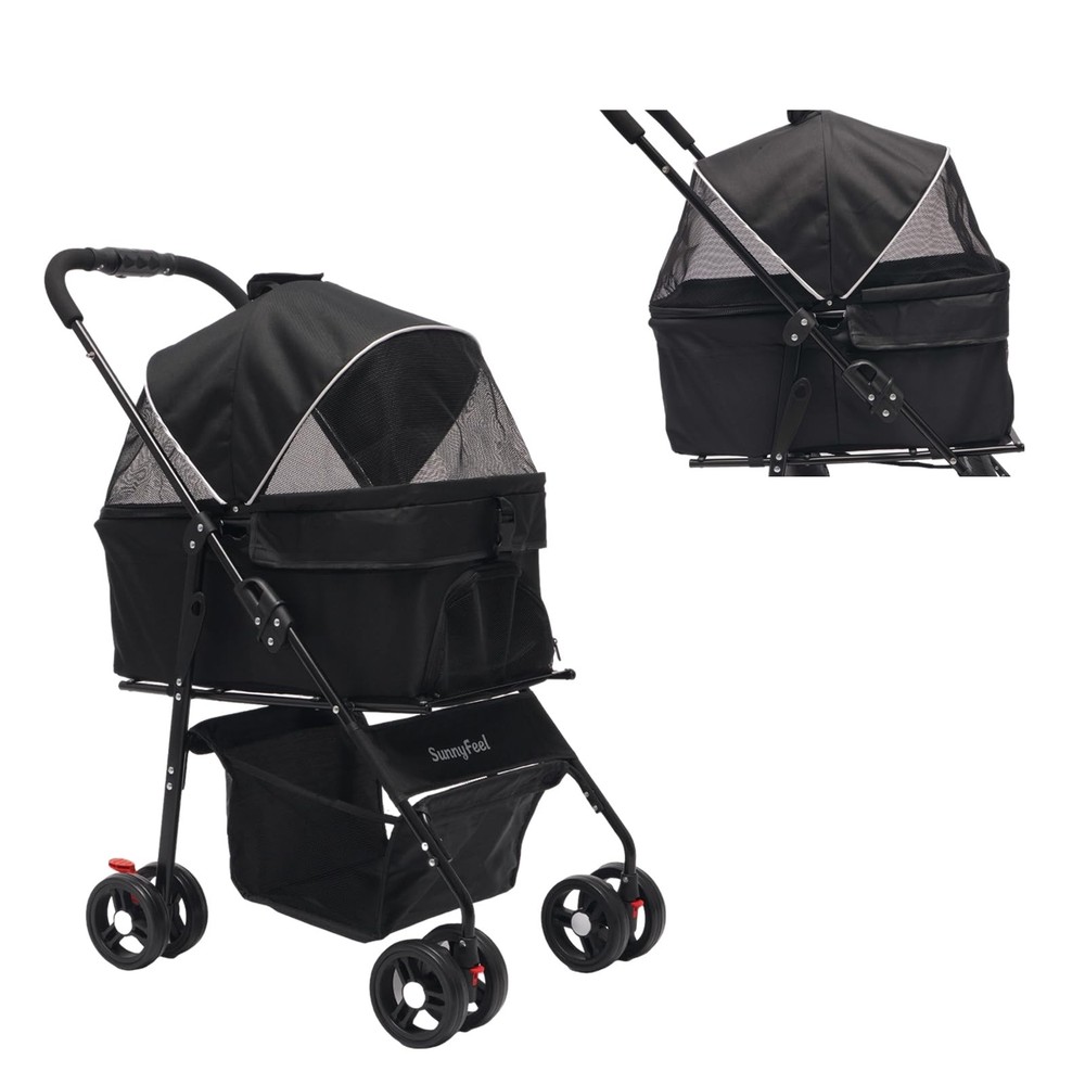 Pet Stroller for Small Dogs and Cats, Iron Two-in-one Split, One-Click Foldab...