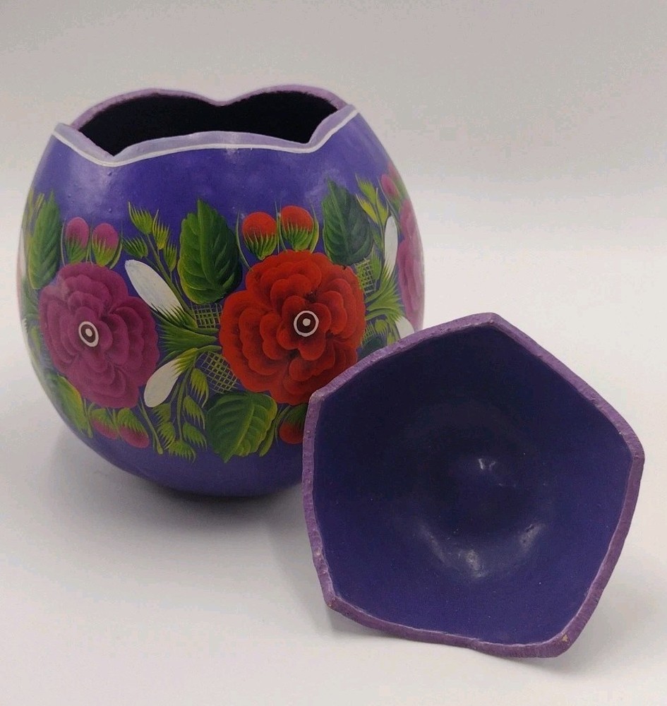 Gourd Hand Painted Floral Pattern Purple with lid Decor