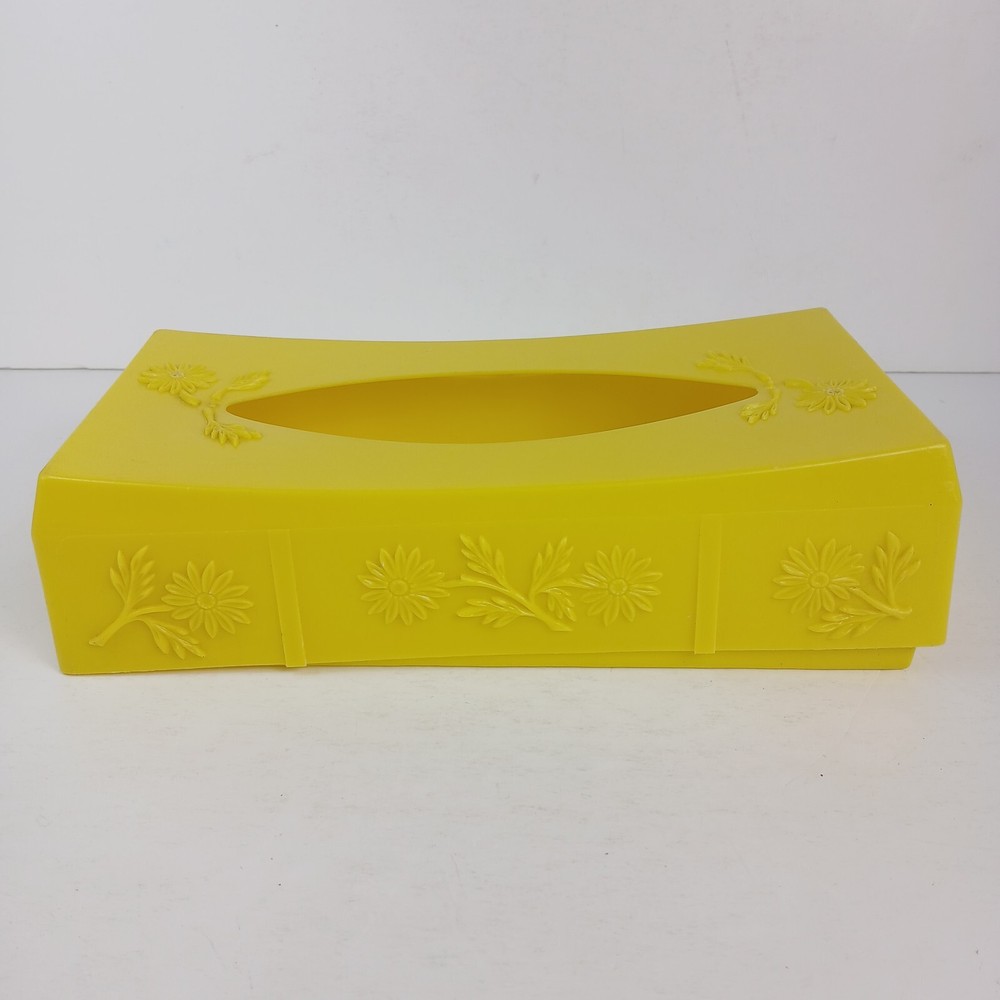 Vintage 1970s Tissue Box Holder Yellow Flowers Rectangular Removeable Lid