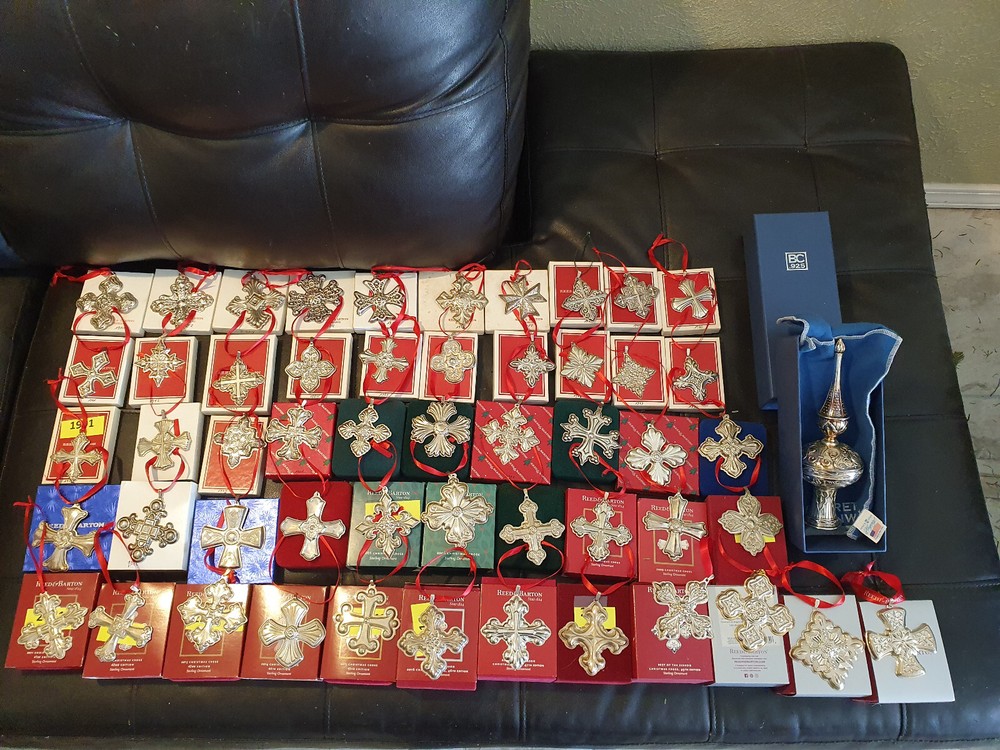 52 Sterling Reed & Barton Christmas crosses + Barrett & Cornwall tree topper