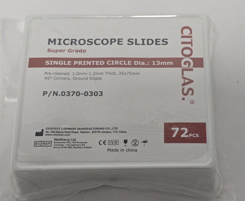 CITOGLASS MICROSCOPE SLIDES SUPER GRADE SINGLE PRINTED CIRCLE DIA 13MM, BOX72PCS