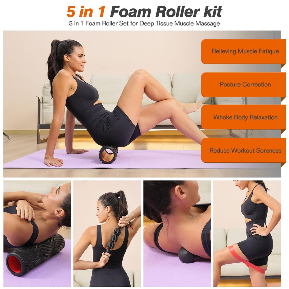 5 in 1 Foam Roller Set - Trigger Point Foam Back Roller, Muscle Roller Stick,...