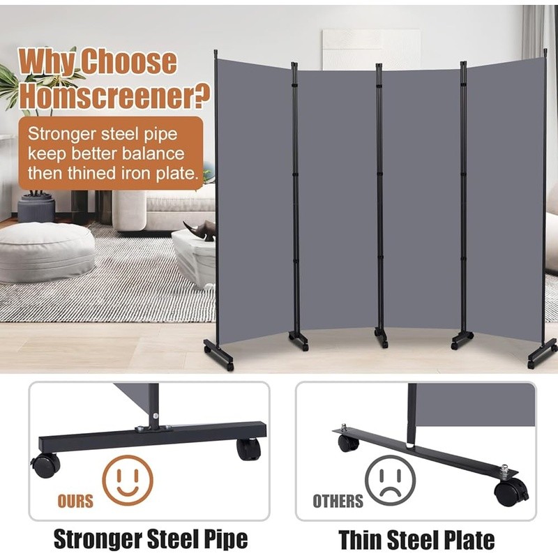 Portable 4 Panel Room Divider Self-locking Rollers Freestanding Privacy Screen