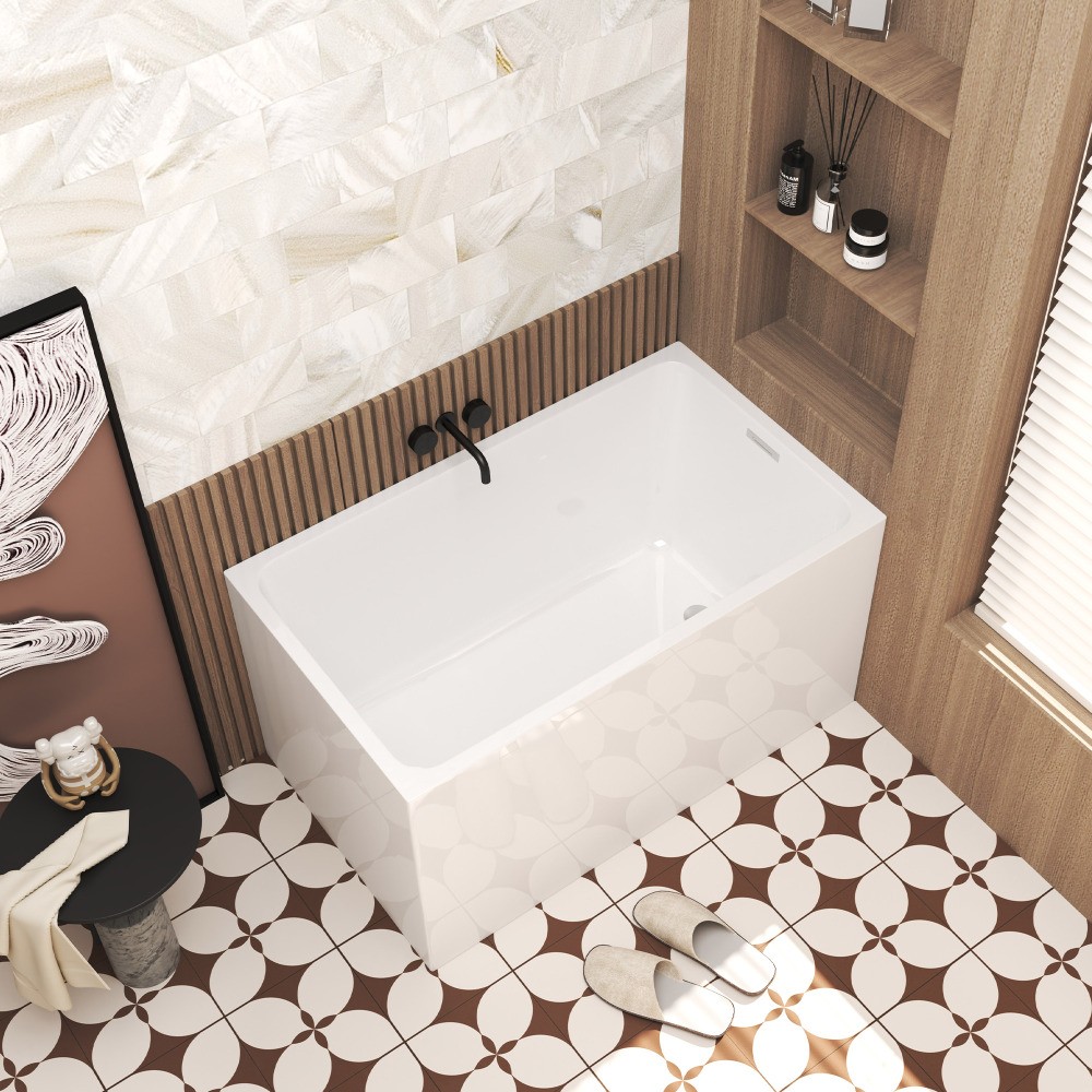 White Rectangular 47x28-inch Acrylic Soaking Tub, Chrome Drain, Easy Clean