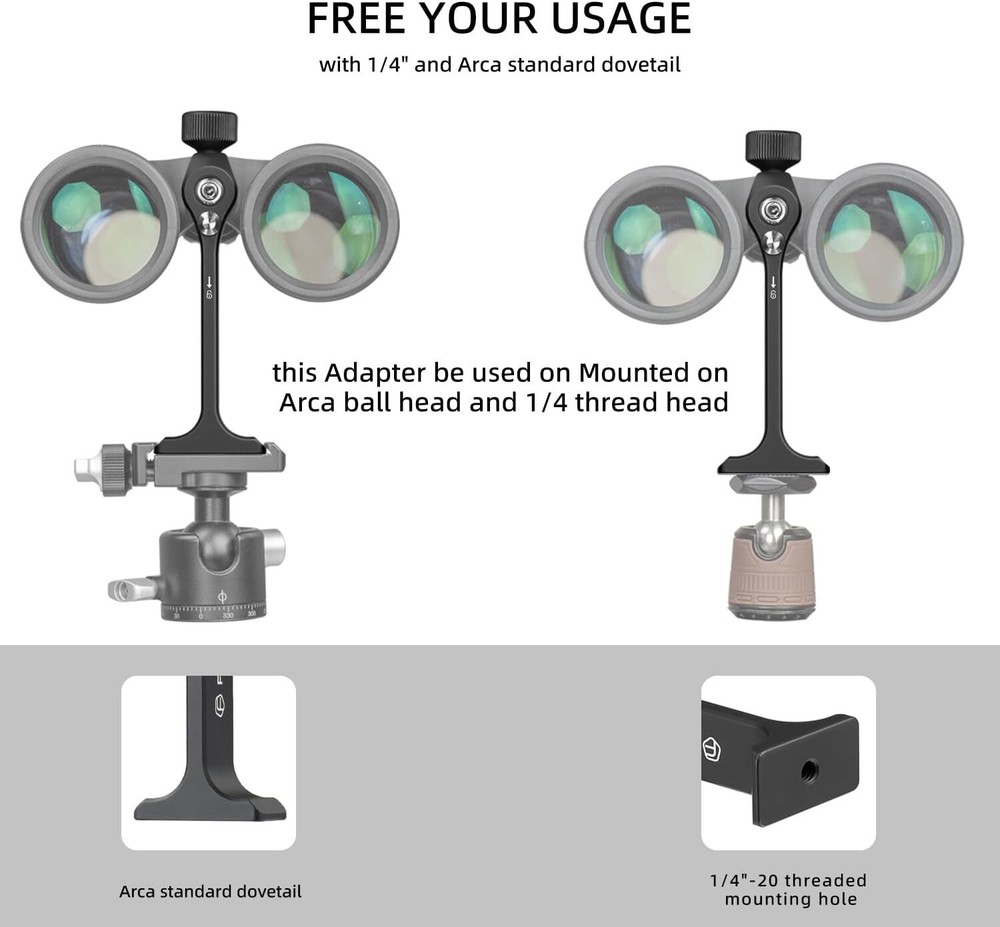 Binocular Tripod Adapter, Binocular Mount 1/4 Inch Threading Mount Aluminium