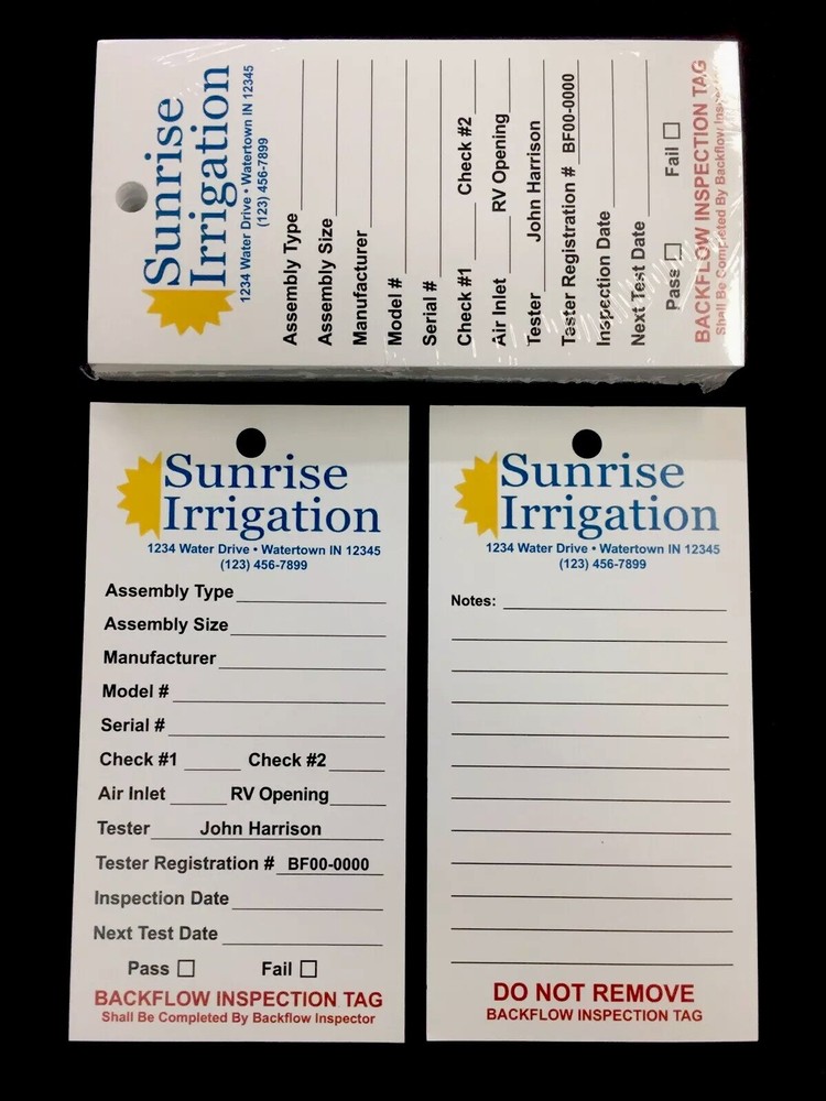 Backflow Inspection Tags - Custom Print - Waterproof - UV Resistant (Pkg of 100)