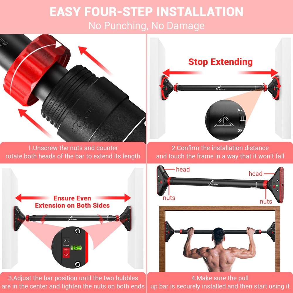 Pull Up Bar for Doorway: Sportneer Strength Training Pull-up Bars Black-Red