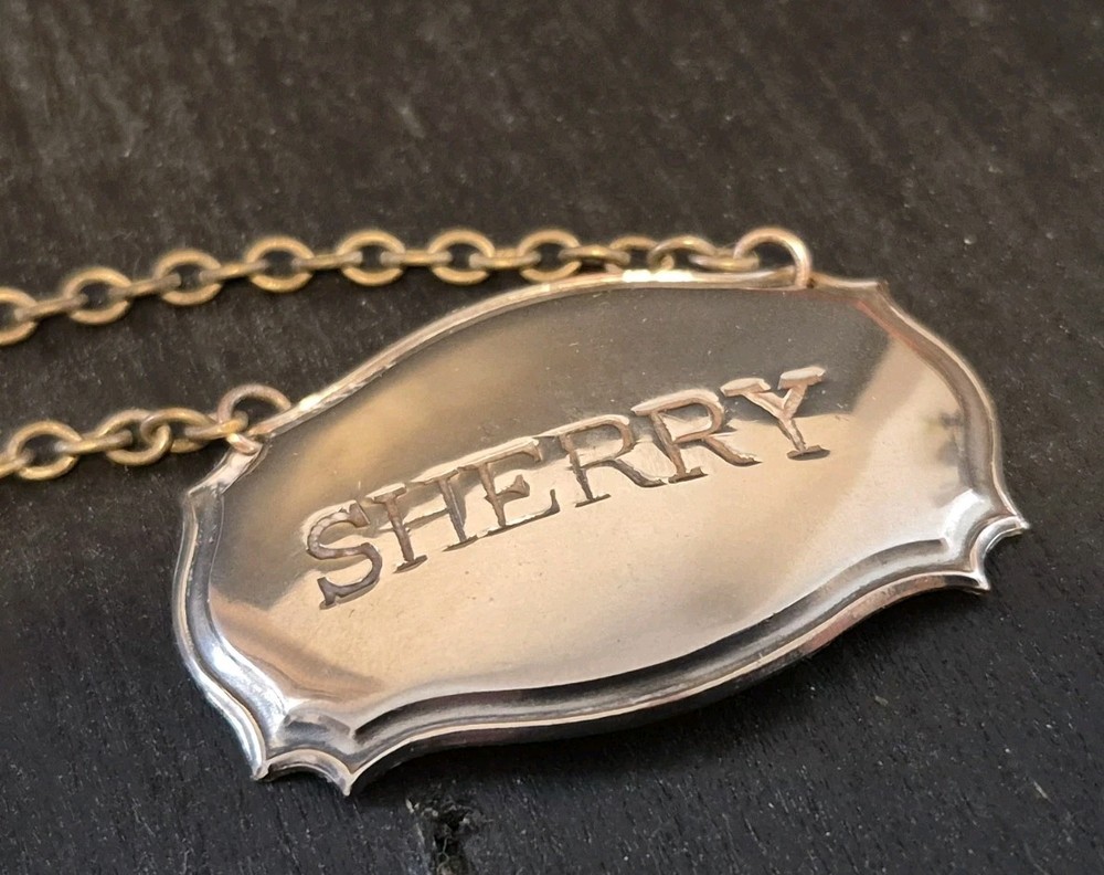 ANTIQUE SHERRY SILVER PLATED BOTTLE DECANTER LABEL
