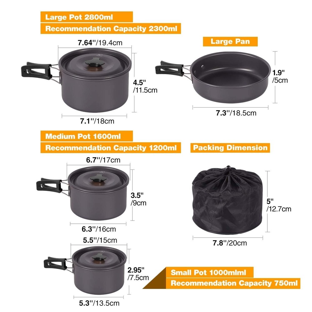 19 PCS Camping Cookware Set Mess Kit Lightweight Stackable Pot Pan Utensils