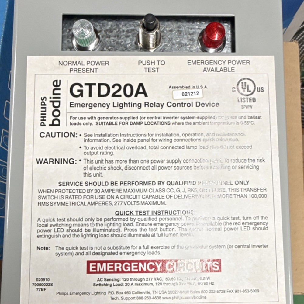 Philips Bodine GTD20A Manual Emergency Lighting Relay Control Device 30A