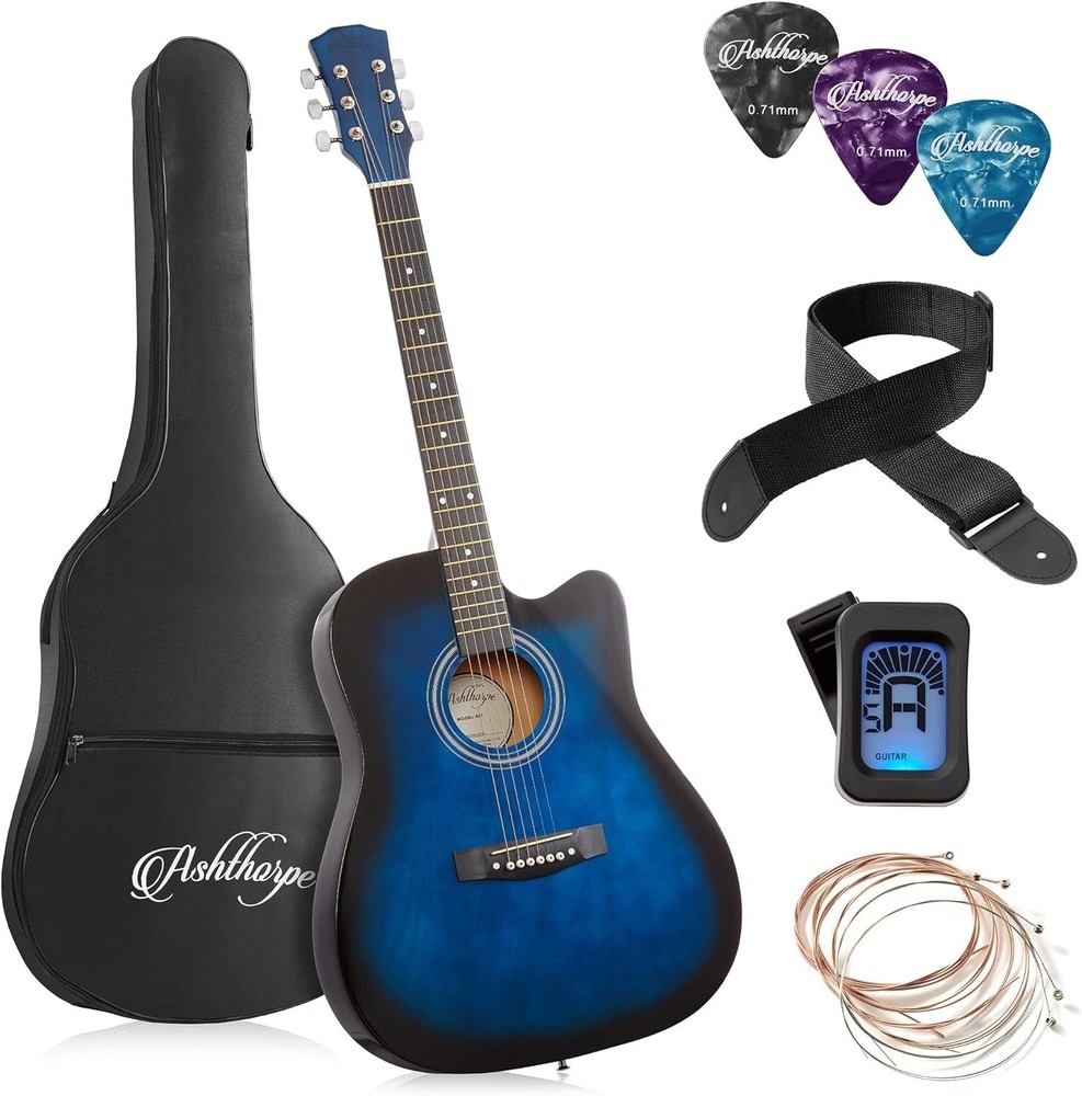 41-inch Beginner Cutaway Acoustic Guitar Package Blue, Full Size Basic Starte...