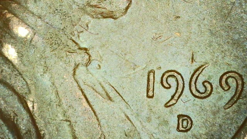 1969 D Lincoln Cent Multiple Errors: Struck thru, Tilted Collar, Dblg Columns +