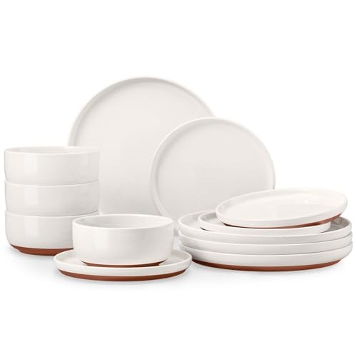 12-Piece Stoneware Dinnerware Sets, Plates and Service for 4 Whisper White