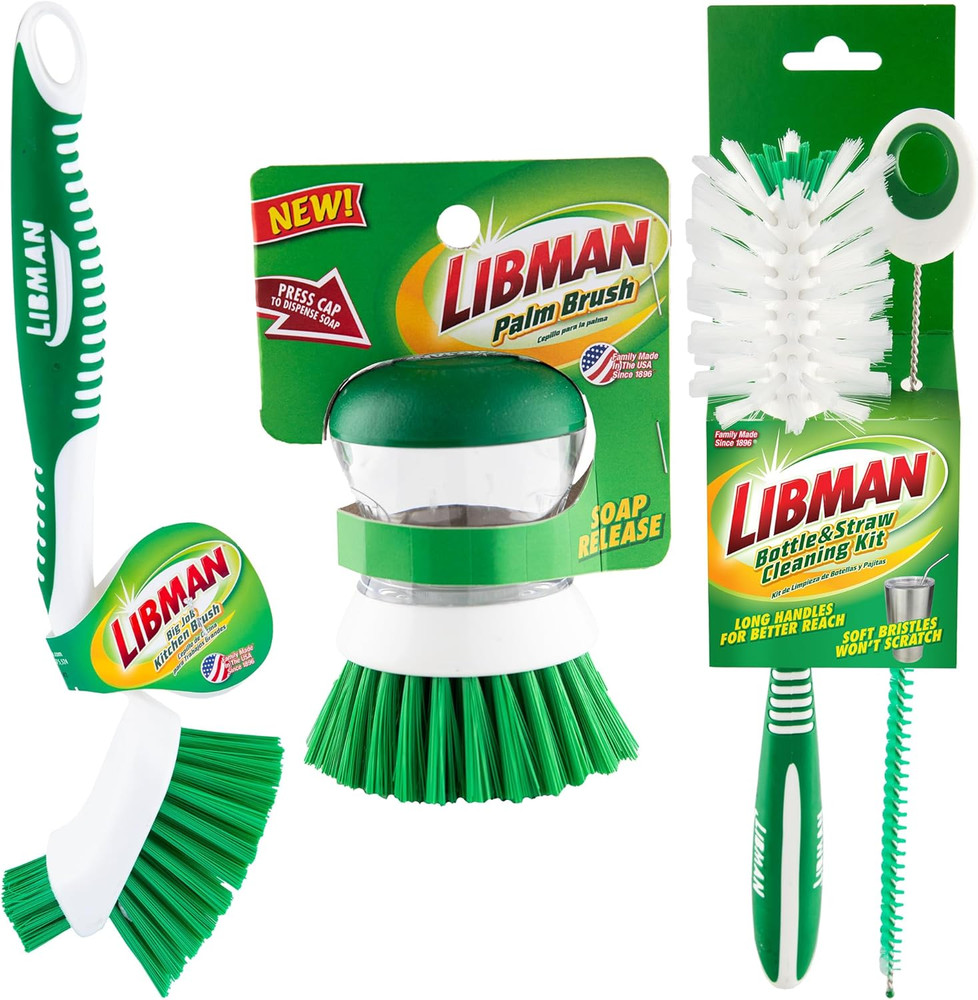 Libman Bottle & Dish Brush Kit | Cleaning Brushes for Kitchen Use | Straw Brush