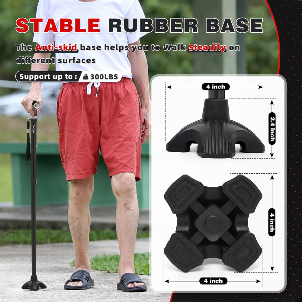 Bigalex Folding Walking Cane with Two Led Lights for Elderly Solid Base Adjustab